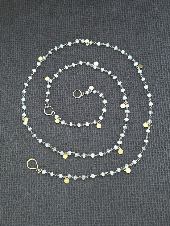 unknown maker Jewelry - Long Necklace with Stationary Moonstone🌙 Beads and Brushed🖌 Gold💛 Paddles🏓